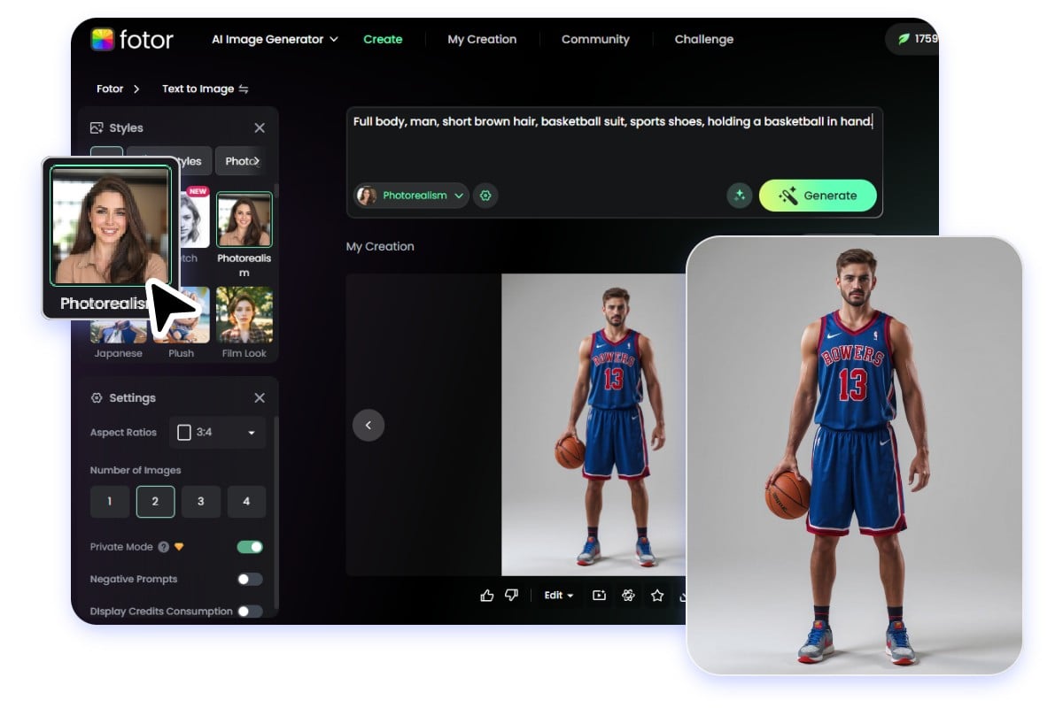 The interface of generating a sports man image with photorealism style