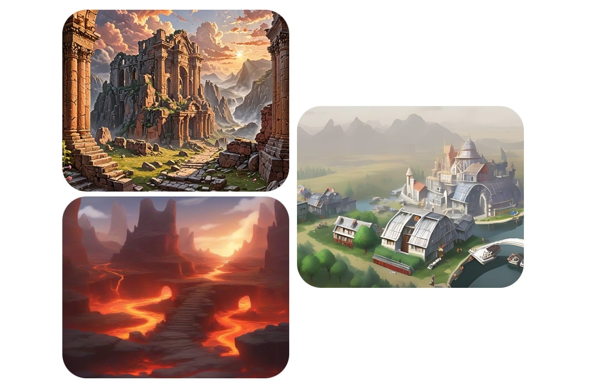 Three game scenarios of different styles generated in Fotor ai game generator