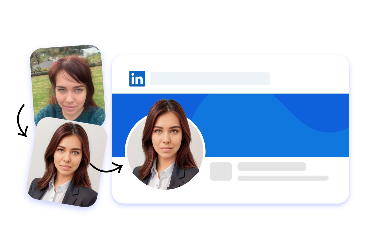 Transform a female selfie into professional photo with AI headshot generator and put it on the linkedin background banner