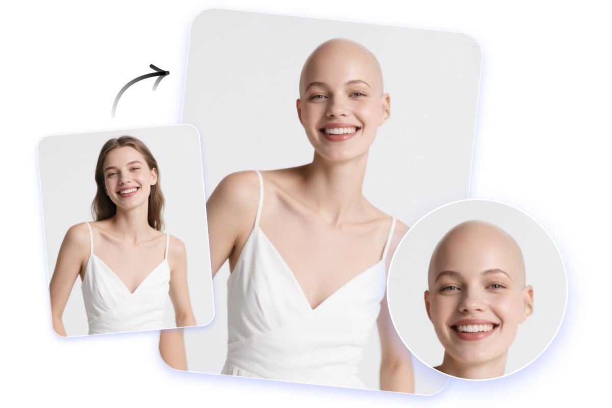 Transform a girl into bald look with realistic bald head