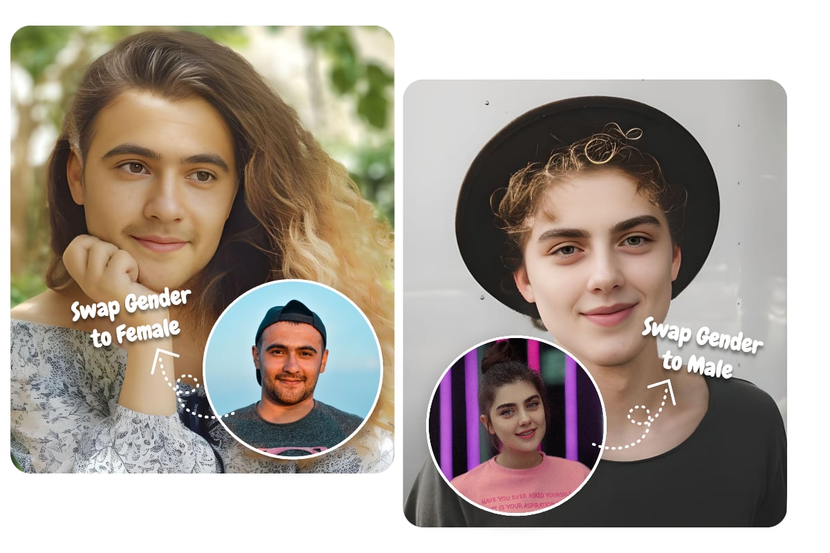 Transformujte mužský vzhľad na ženský vzhľad a naopak pomocou Fotor Online Online AI Gender Swap Tool Tool