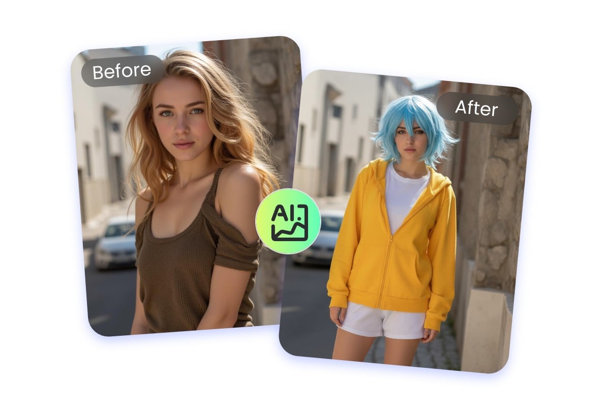 In Sekundenschnelle aus einem Foto einer Blonden in Cosplay Charakter einen Cosplay-Charakter mit hellblauen Haaren erstellen