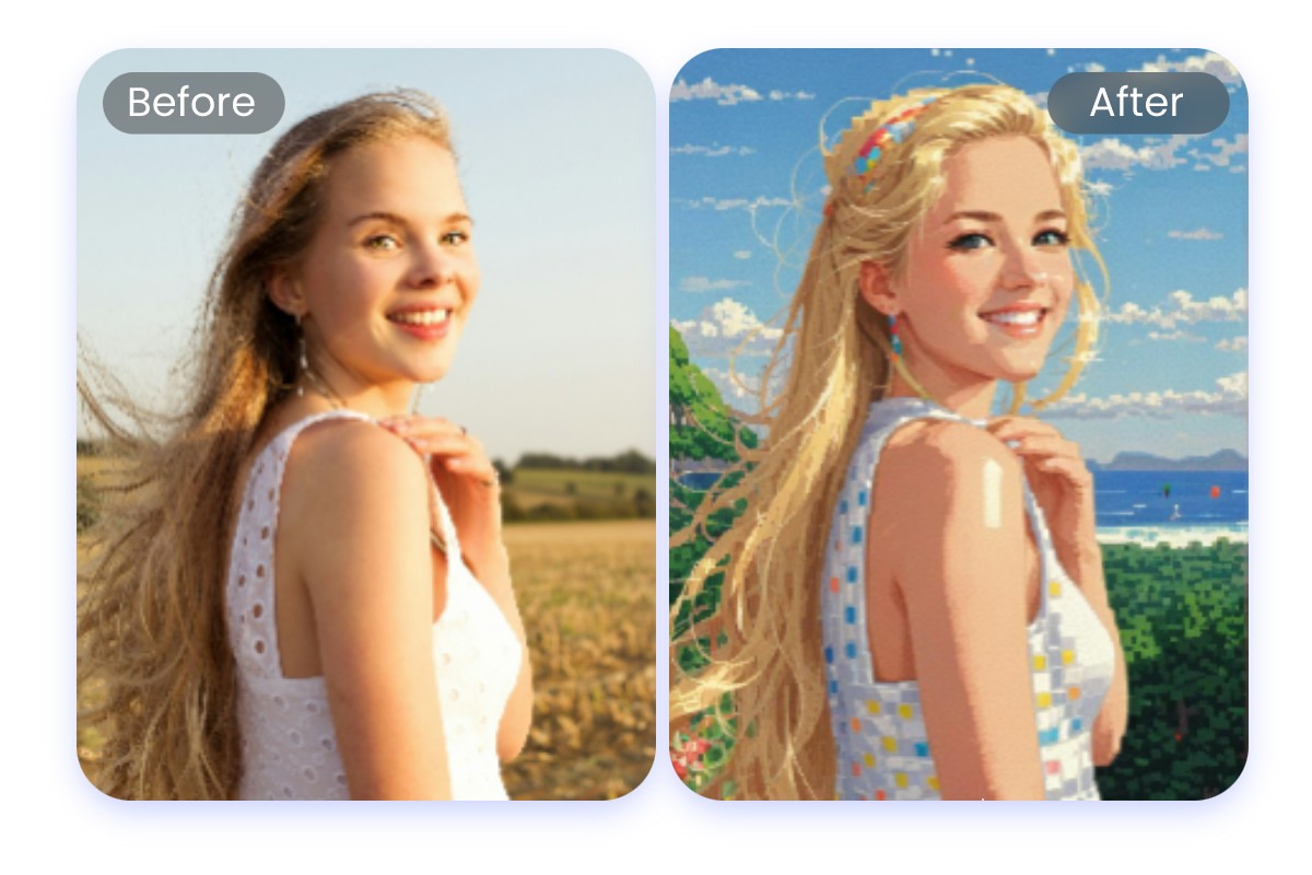 Turn a photo of a blonde girl in a white halter into a pixelated style