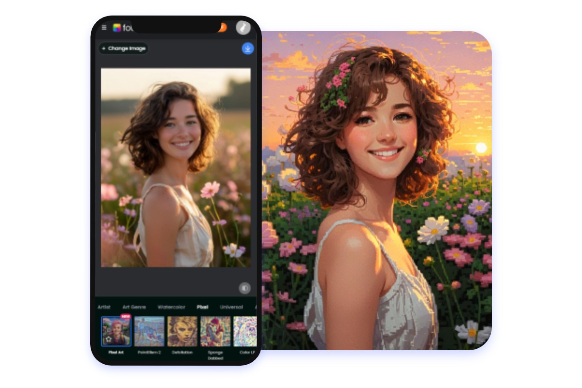 Turn a photo of a smiling brunette girl in a flower bush into a pixelated style with fotor mobile app