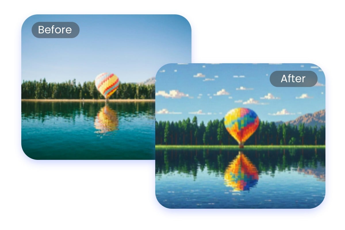Turn a scenic photo of a hot air balloon on a lake into pixel art
