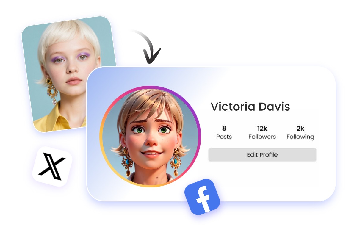 Turn a white hair girls picture into Pixar style and use it as social media avatar