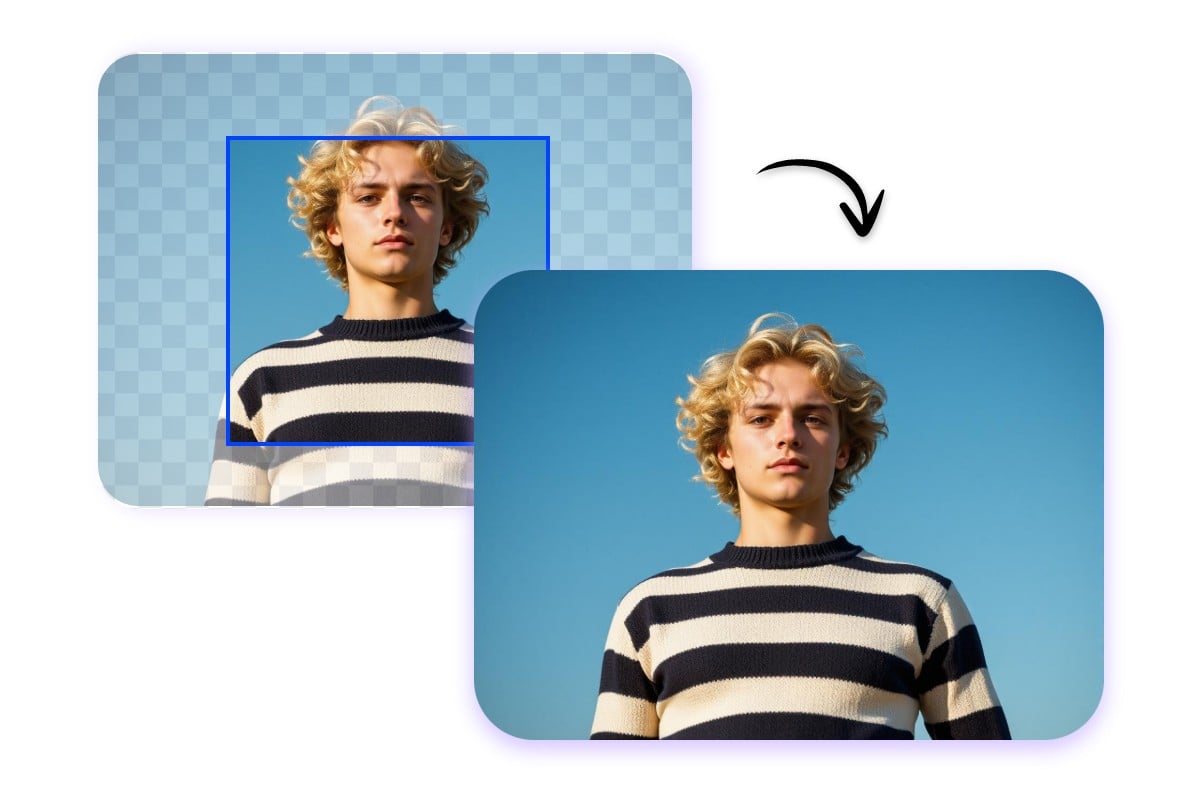 Turning a picture of a man in a striped shirt with incomplete hair into a full portrait image