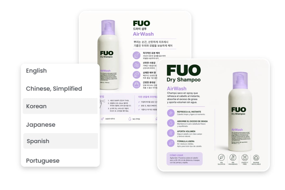Two product infographics in different languages