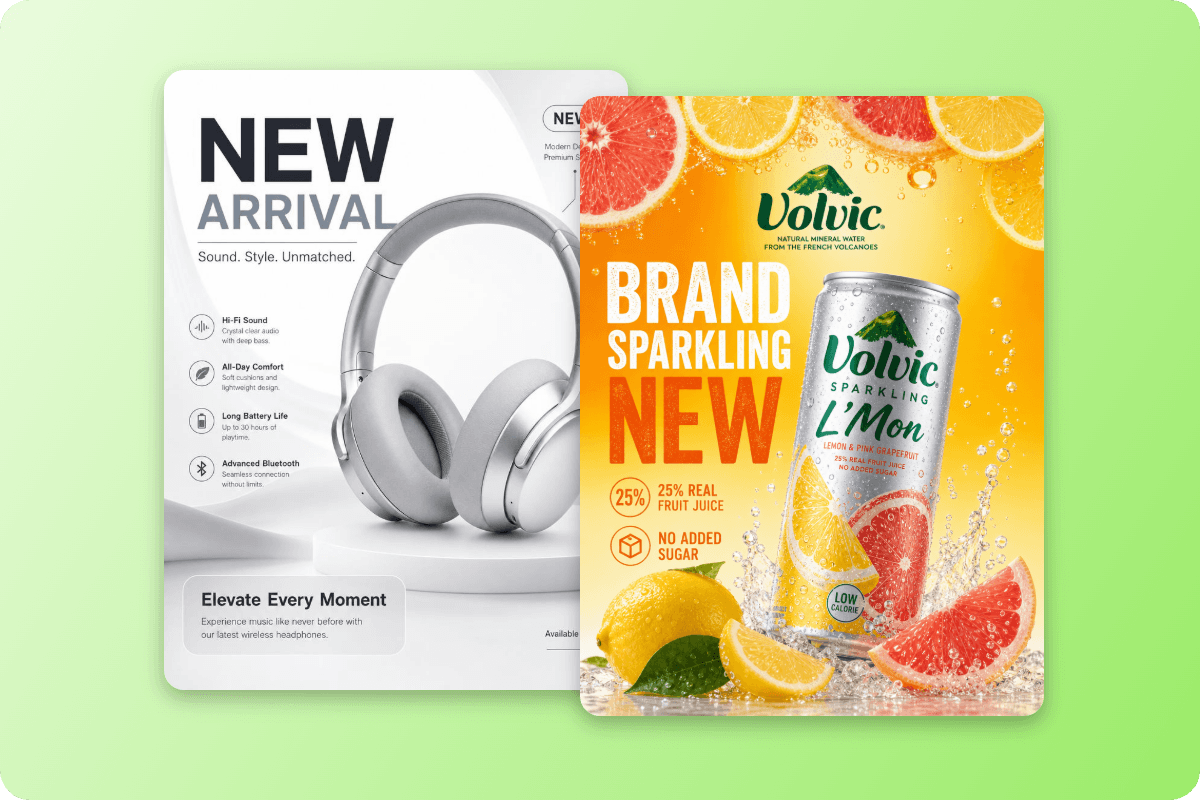 Two product launch posters made by Fotor free AI poster maker