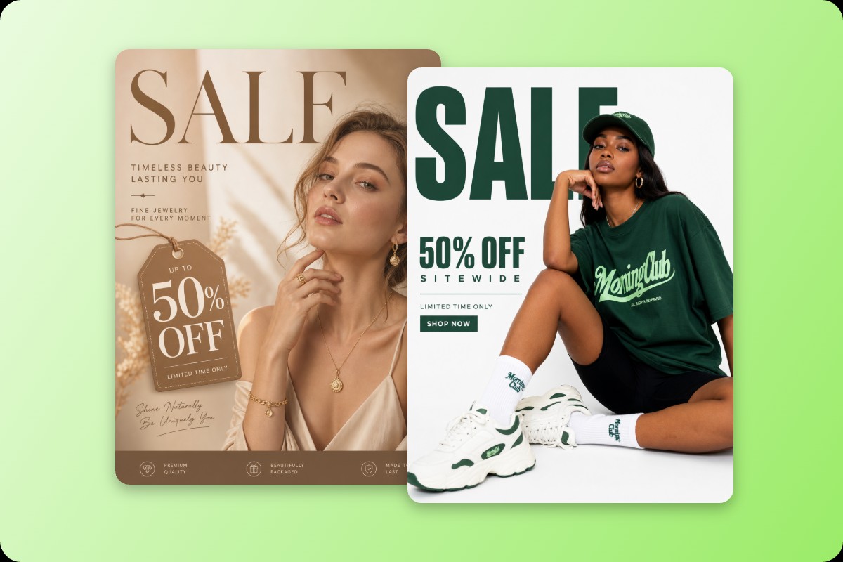 Two product promotional posters made by Fotor free AI poster generator