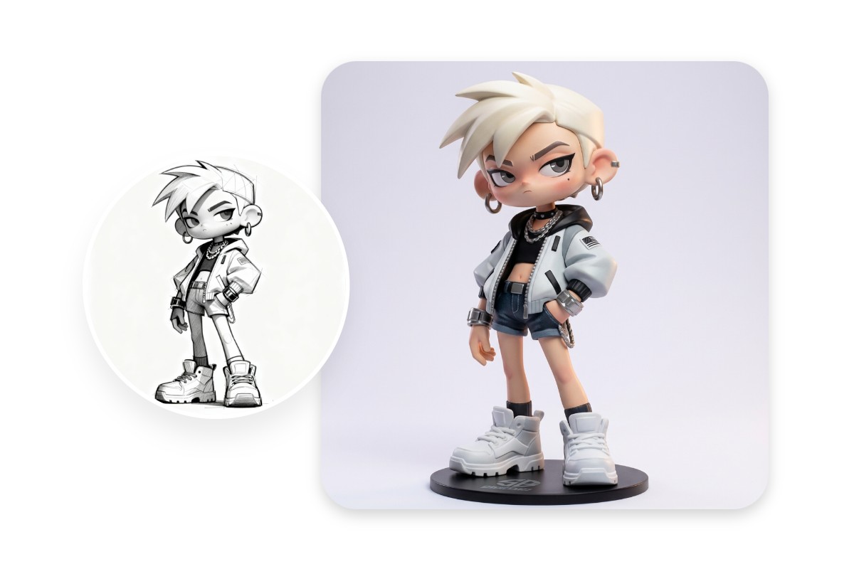 Upload a black and white sketch and generate a 3D model design with AI