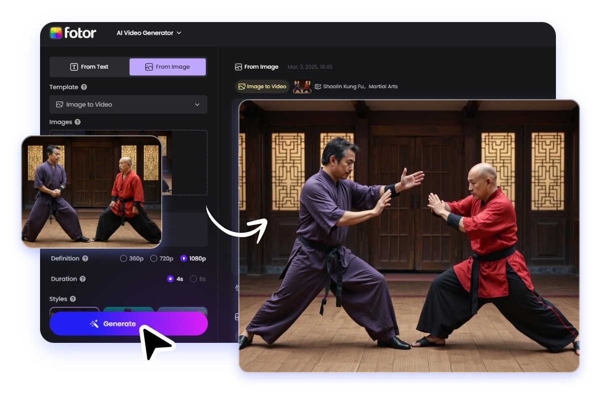 Upload a group photo of two monks, enter kung fu prompts and generate your fight video