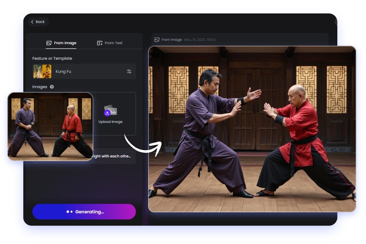 Upload a group photo of two monks select kung fu template and generate your kungfu fight video