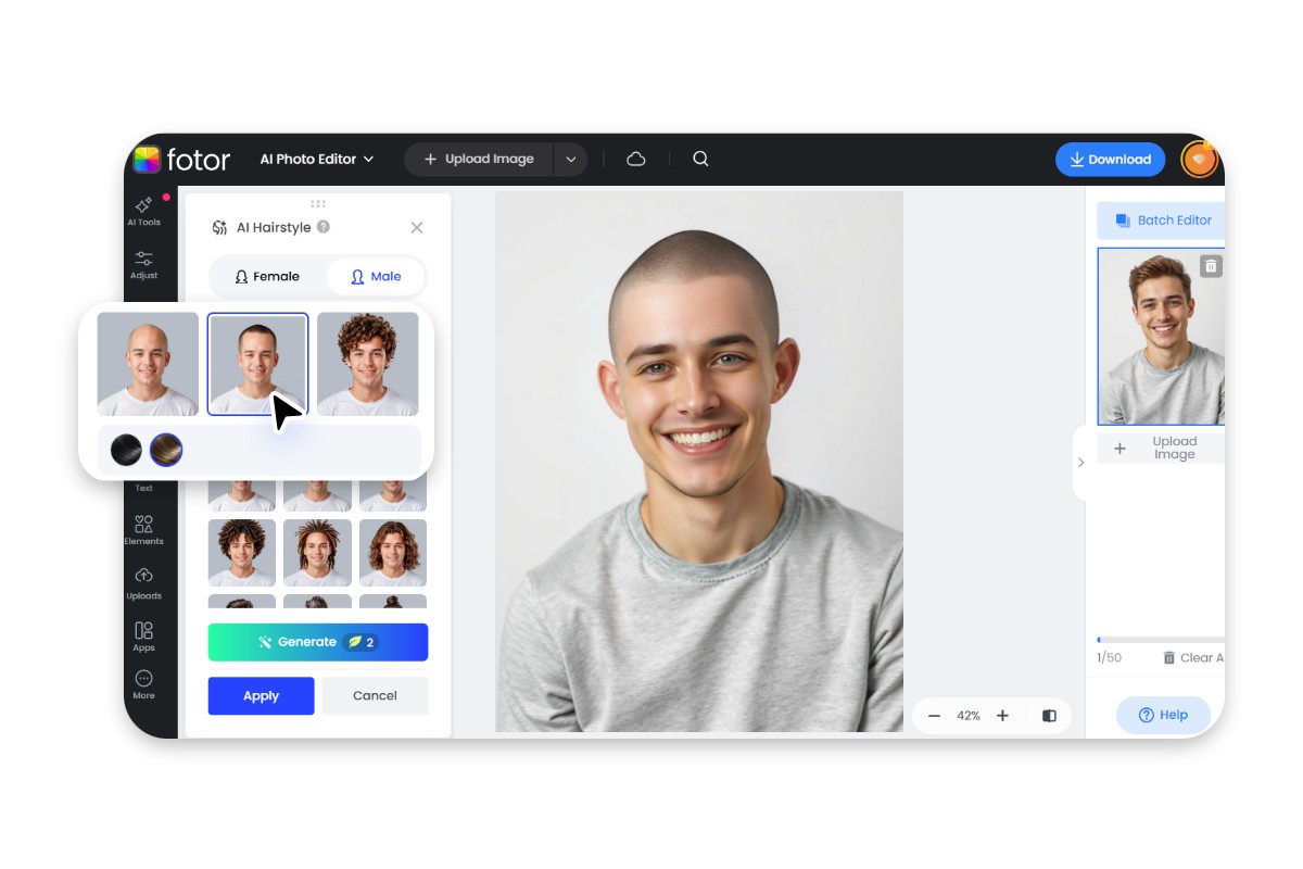 Upload a picture of a man wearing a gray short sleeved shirt to fotors buzz cut simulator and display the operation interface