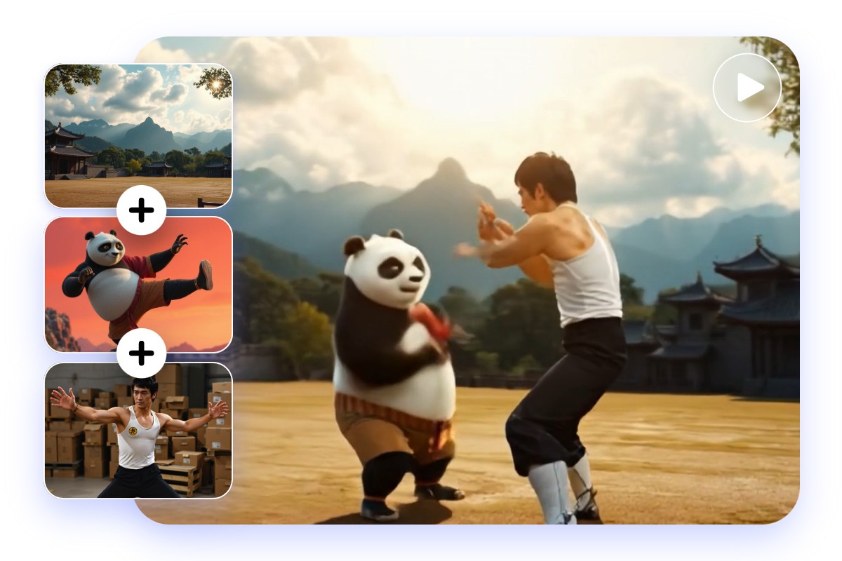 Upload three images including kung fu pand, Bruce Li and a ground in front of a mountain and merge them into a complete kung fu video