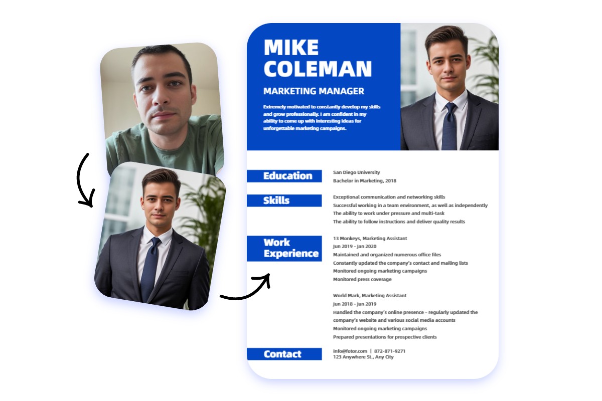 Use AI to convert selfies into professional headshot photos for resume in one click
