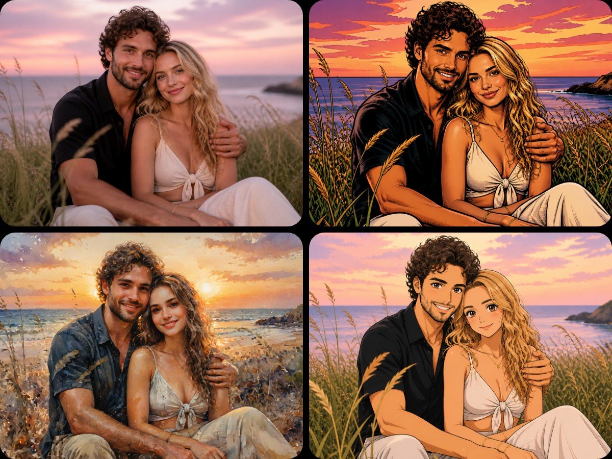 Use Fotor ai couple photo editor to transform a couple photo into diverse styles