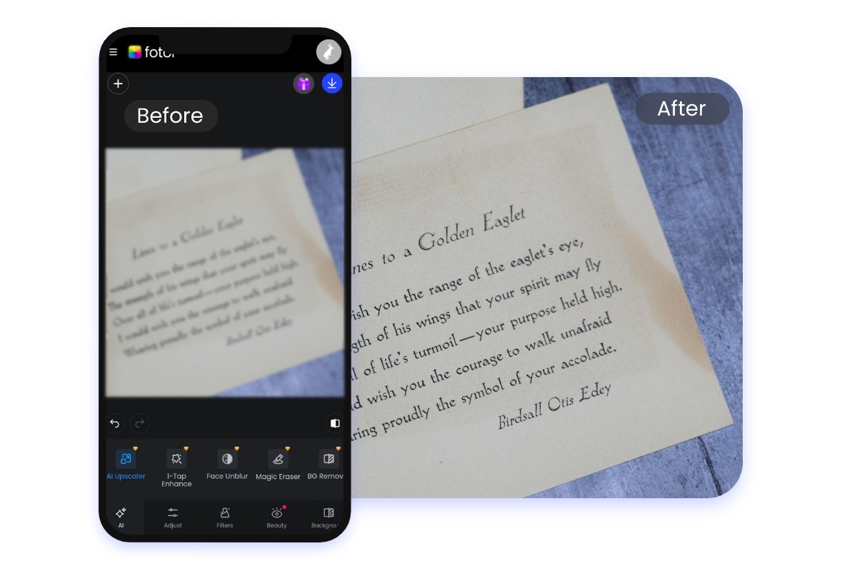 Use Fotor app to turn blurry text to clear