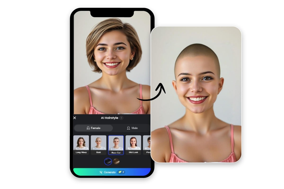 Use buzz cut filter app to change the hair of a girl in pink dress to buzz cut