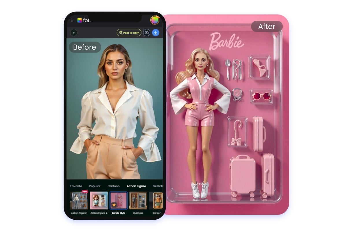 Use fotor ai barbie box app to turn a girl in white t shirt into a barbie doll