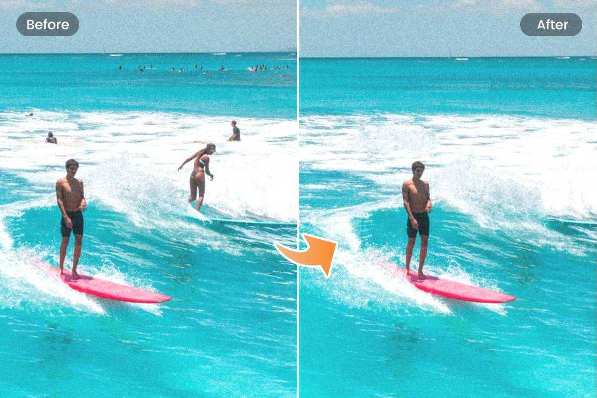Use la herramienta gratuita de eliminación de objetos AI en línea de Fotor para eliminar automáticamente a las personas no deseadas de una foto de surf