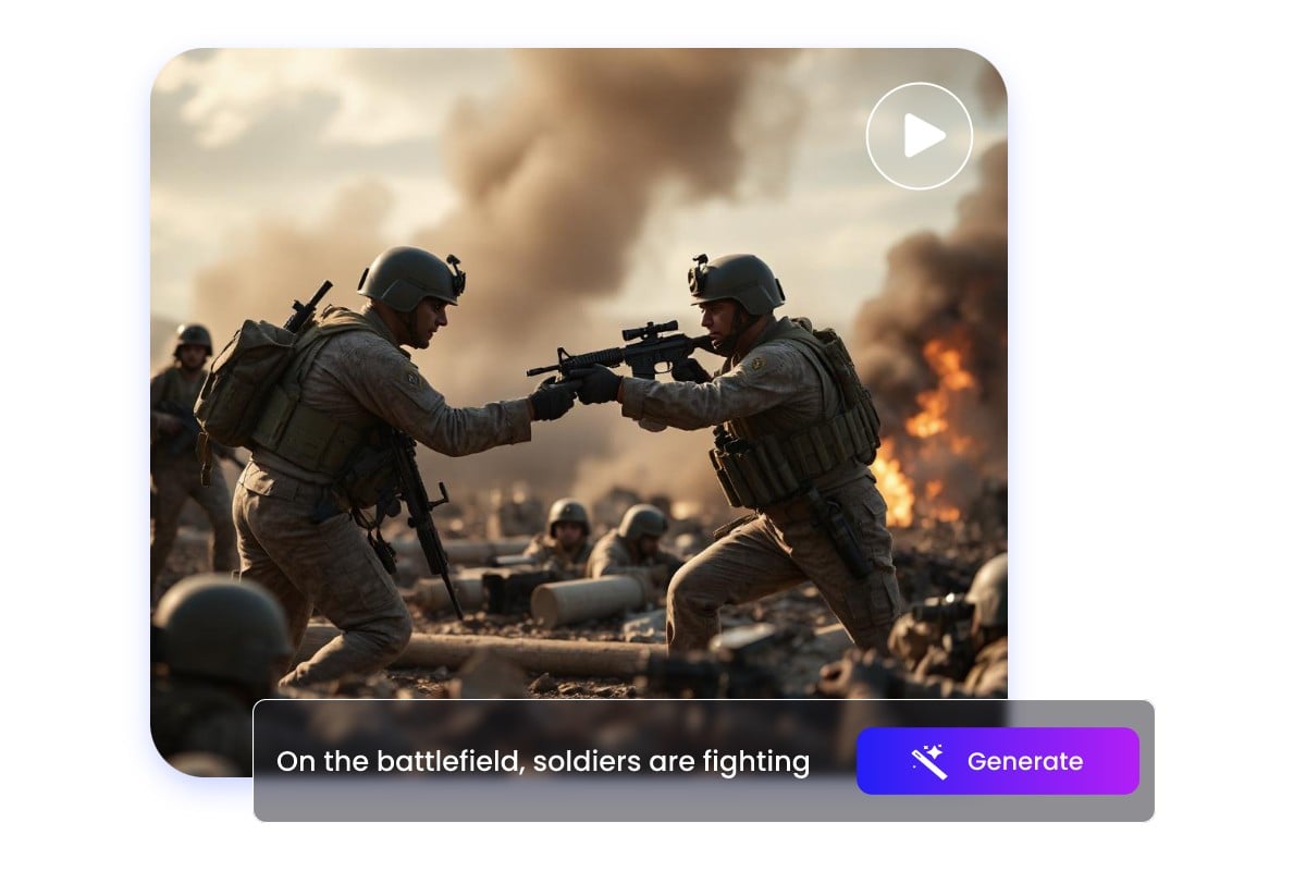 Use text to generate a video of two gun-toting soldiers fight on a battlefield