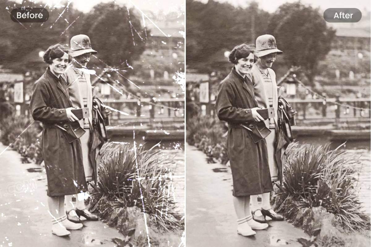 Utilisez loutil de suppression dobjet de Fotor pour effacer les rayures dune vieille photo