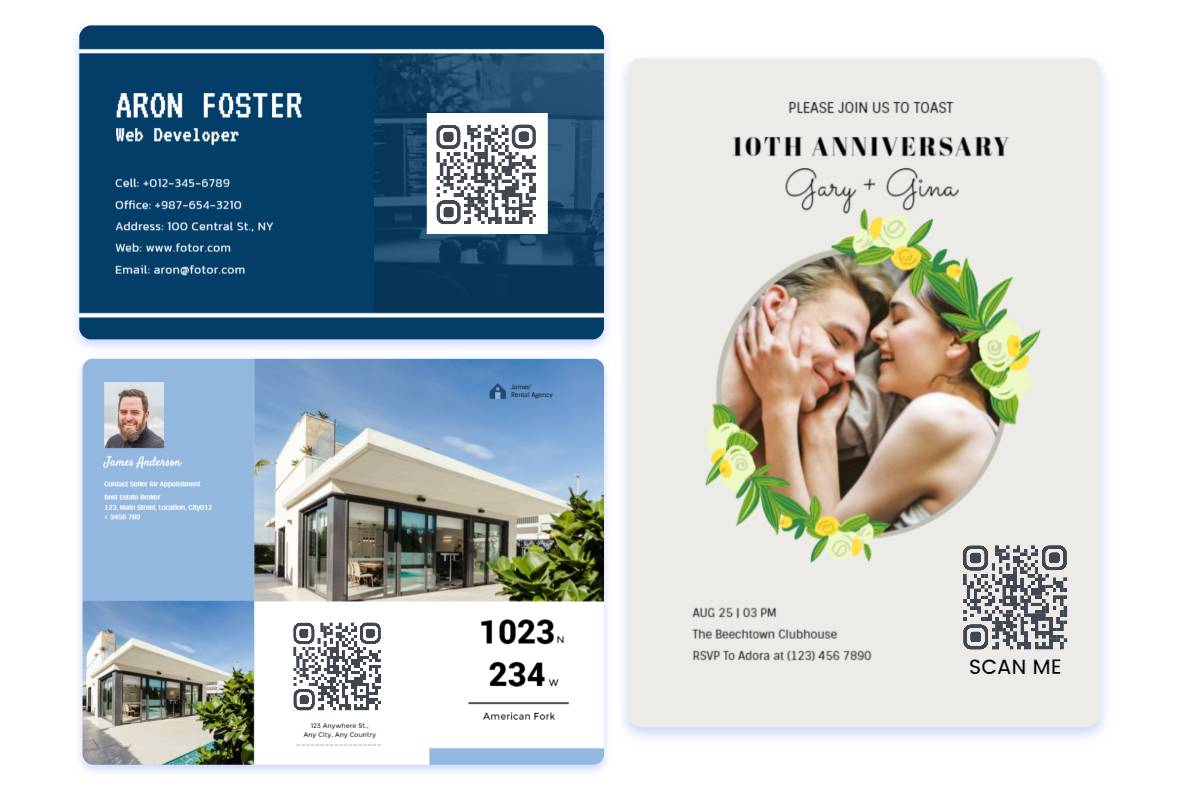Various QR code templates on Fotor- business card with QR code, brochure with QR code and invitation with QR code