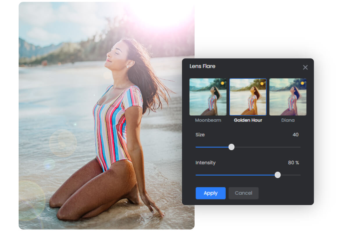 Various realistic lens flare effects in Fotor sunlight effect photo editor