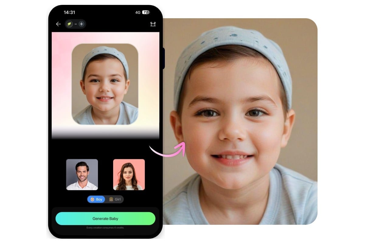 Visualiser votre futur bébé en déplacement avec l'application gratuite de générateur de bébé IA de Fotor