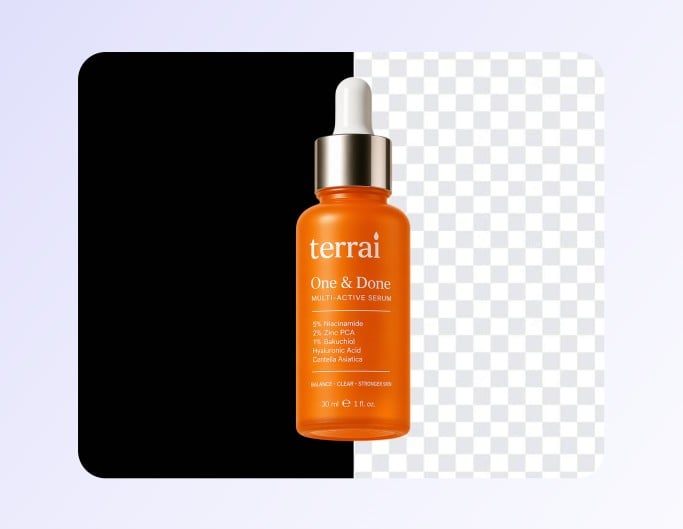 A before and after comparison image of ai removing the black background from a skincare product