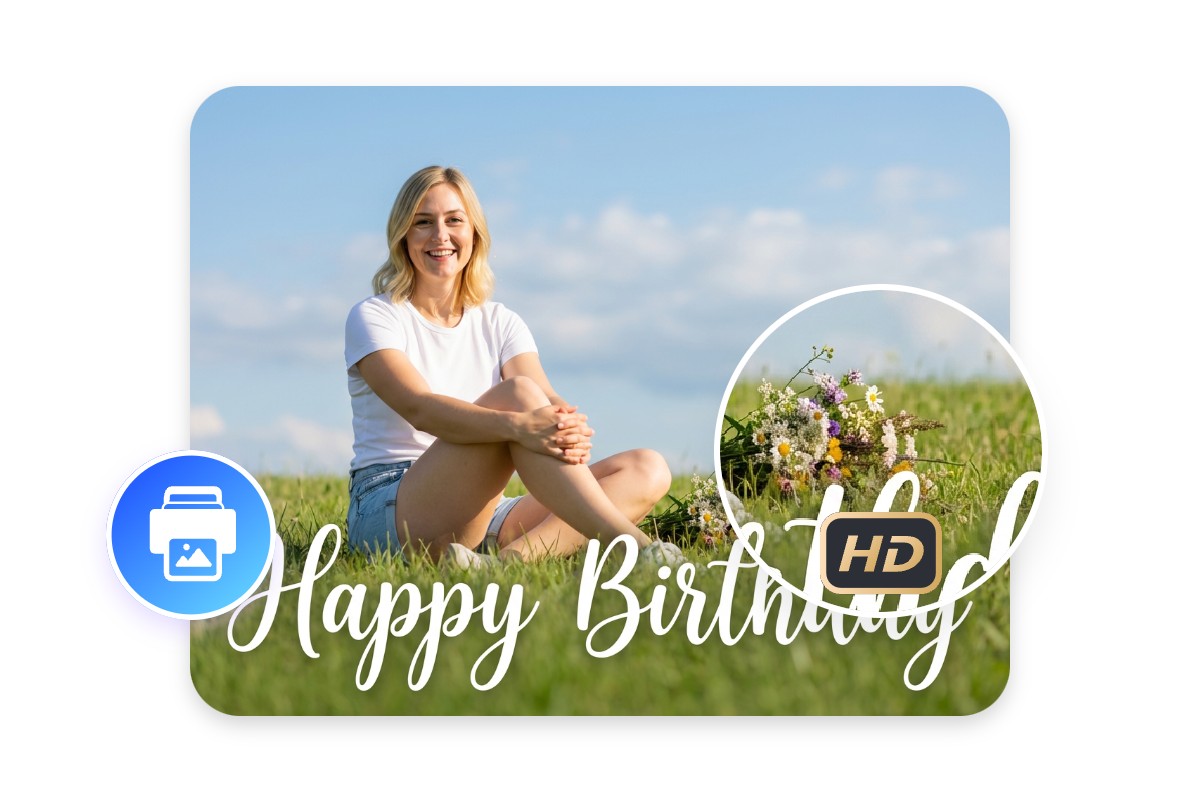 A birthday card with a photo of a woman sitting on grassland in high quality