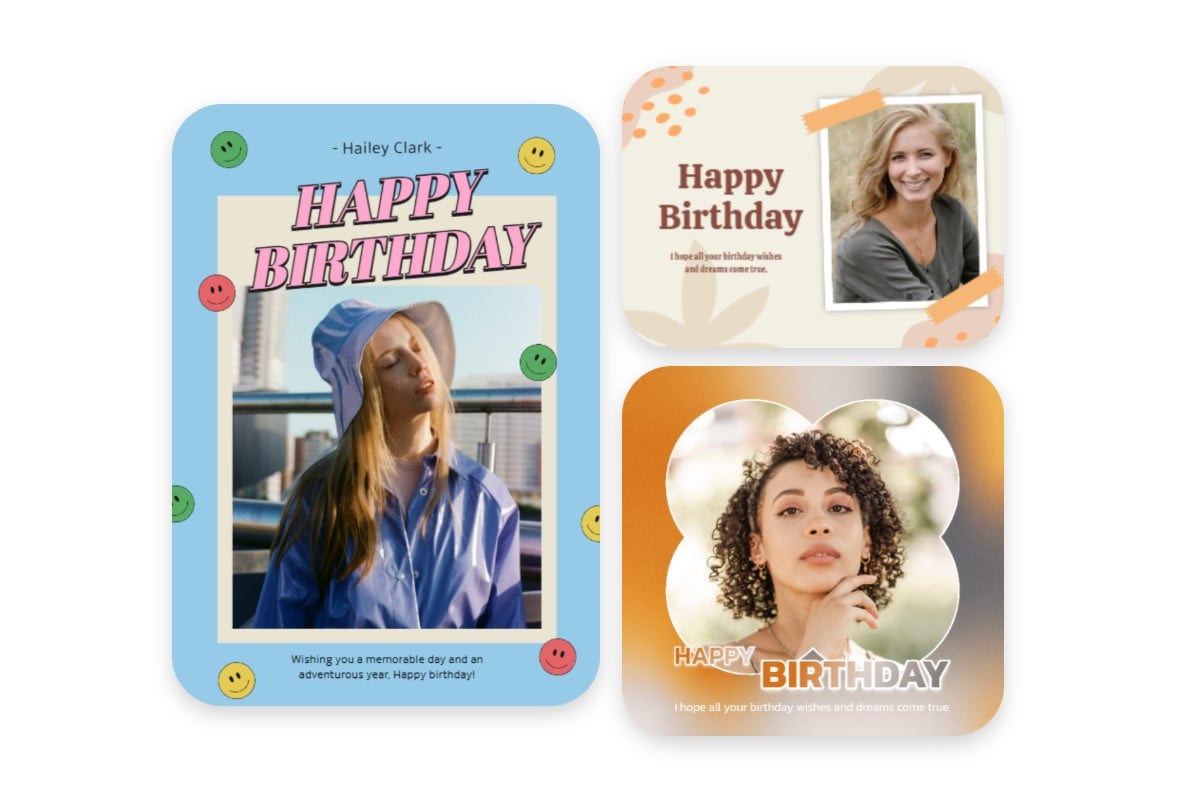 A blue birthday card and a brown birthday card and a birthday card with a woman photo
