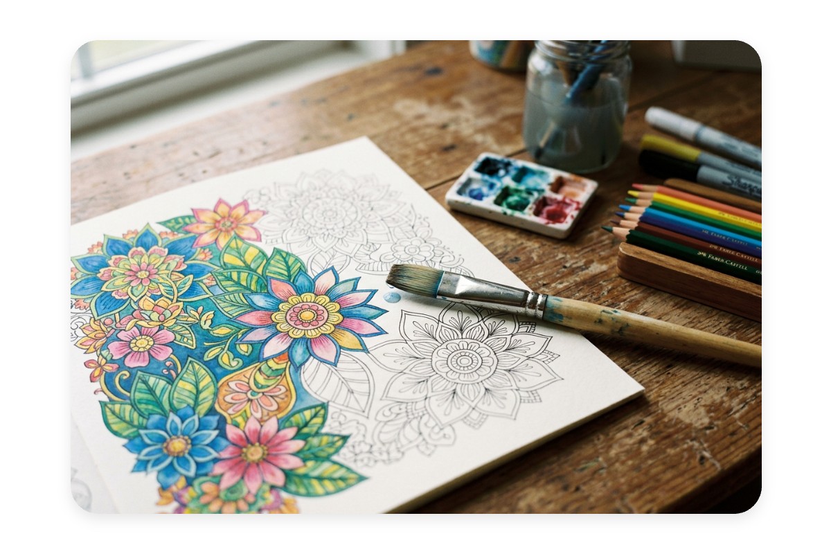 A coloring page on a table