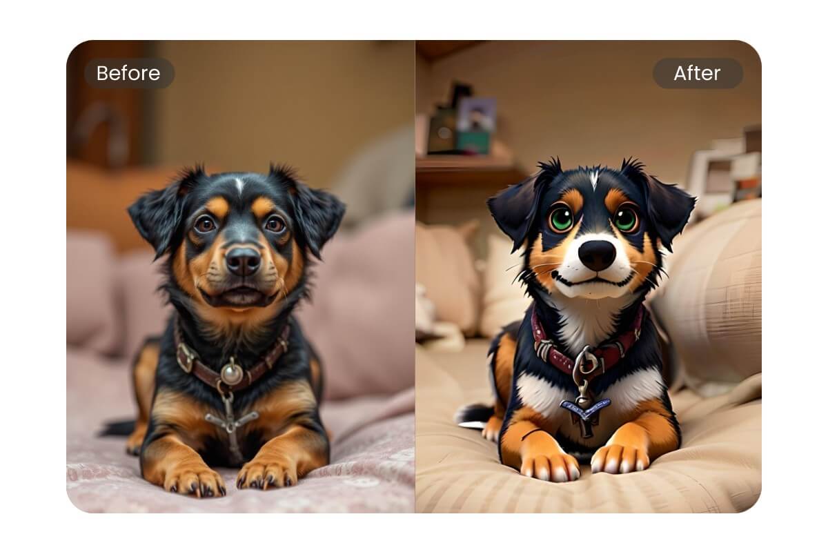 Ein niedlicher Hund wird zu einem Disney-Tier mit Disney-Filter