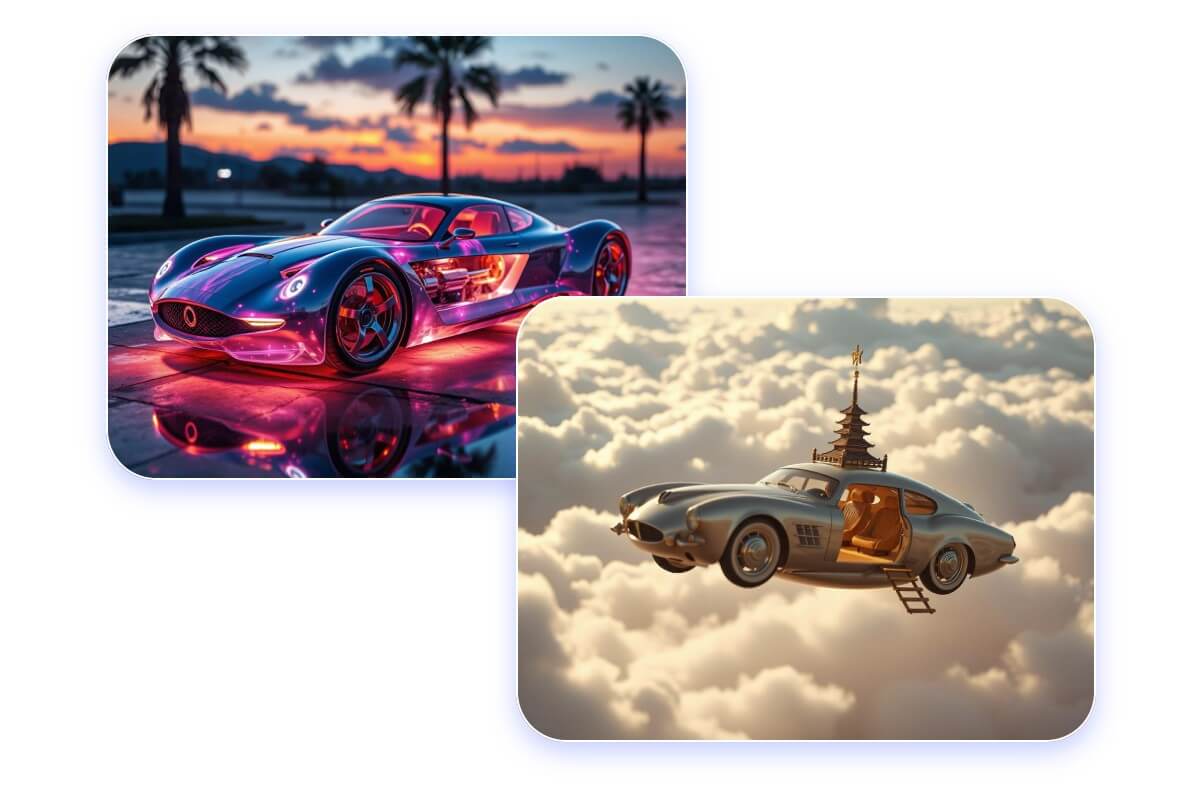 create a cyberpunk style car and an imaginary flying car in fotor