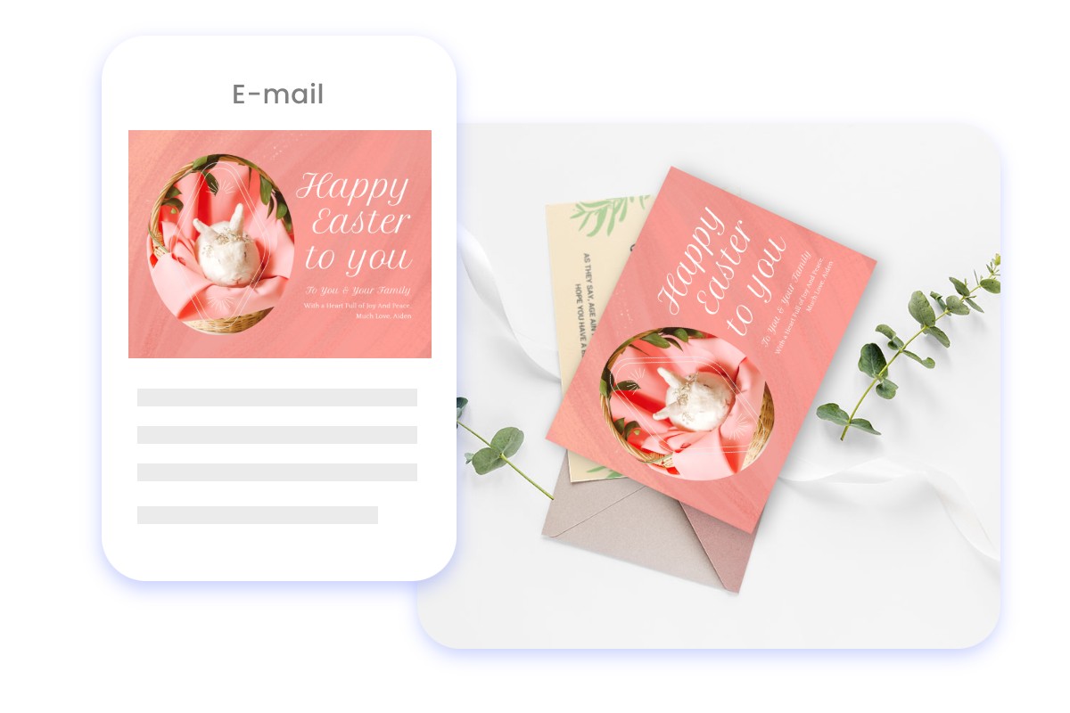 Eine digitale Osterkarte per E-Mail und zwei gedruckte Osterkarten vor einem weißen Hintergrund