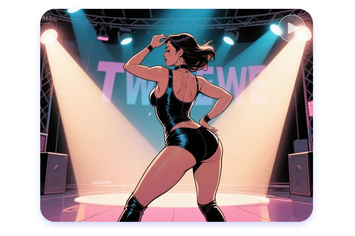Un personnage féminin de dessin animé en tenue de sport noire fait de la danse twerk