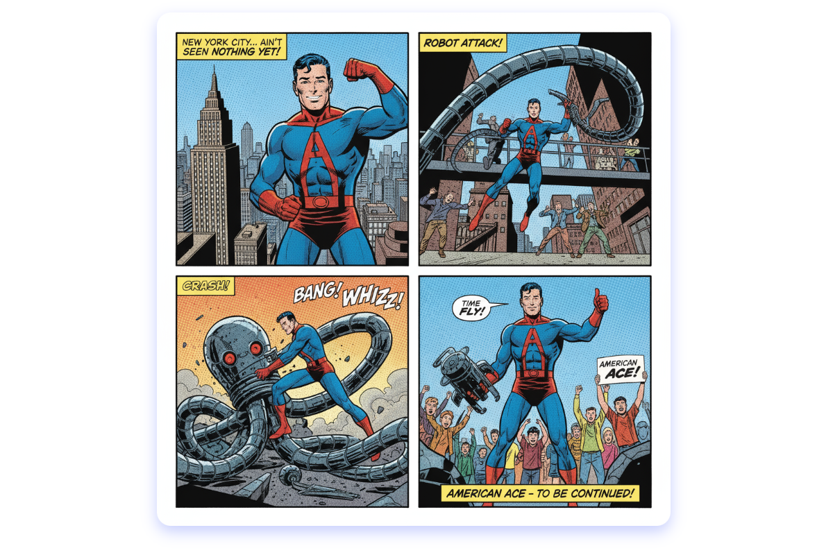 A four panel american comic with the theme of superhero