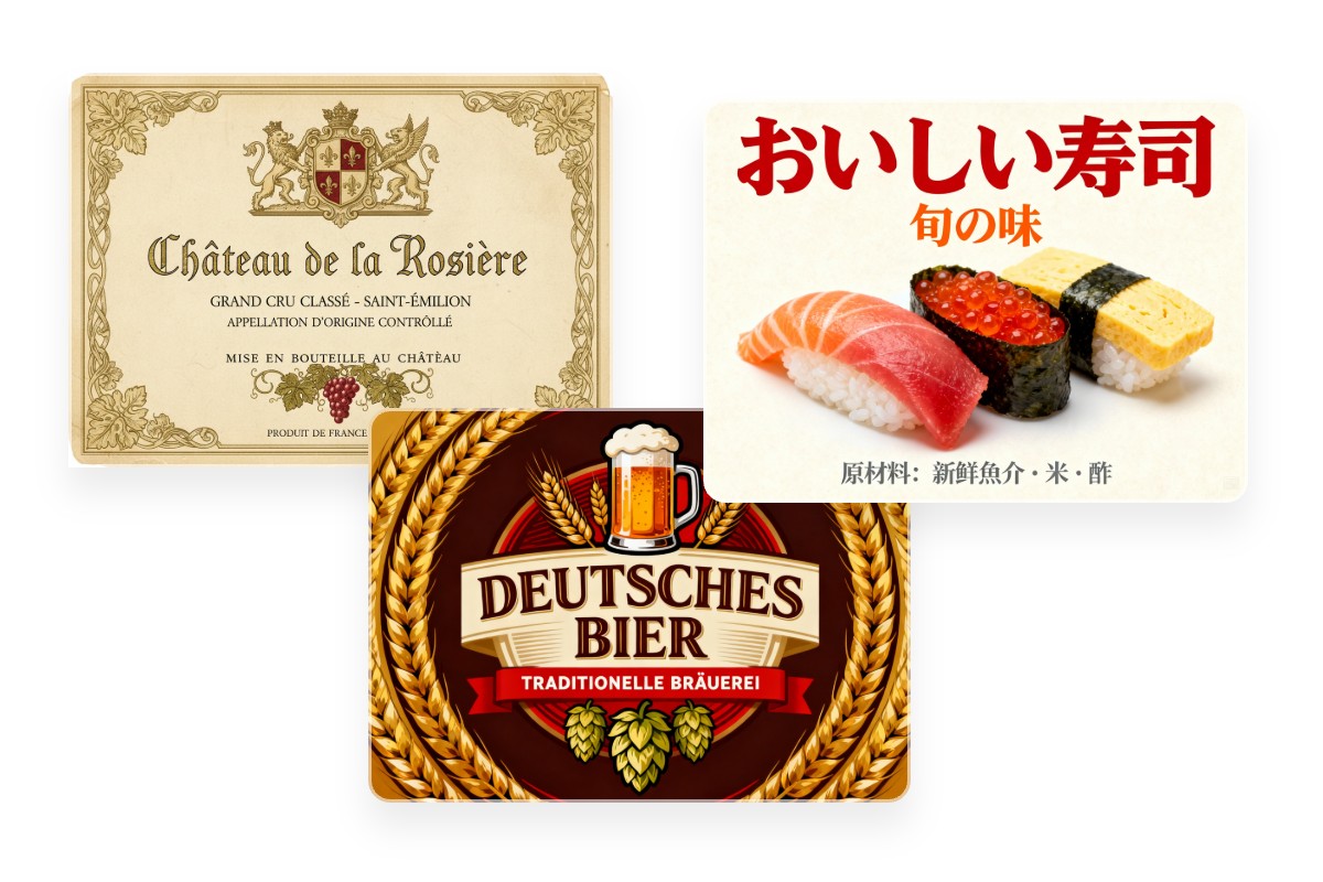A french wine label and a german beer label and a japanese sushi label