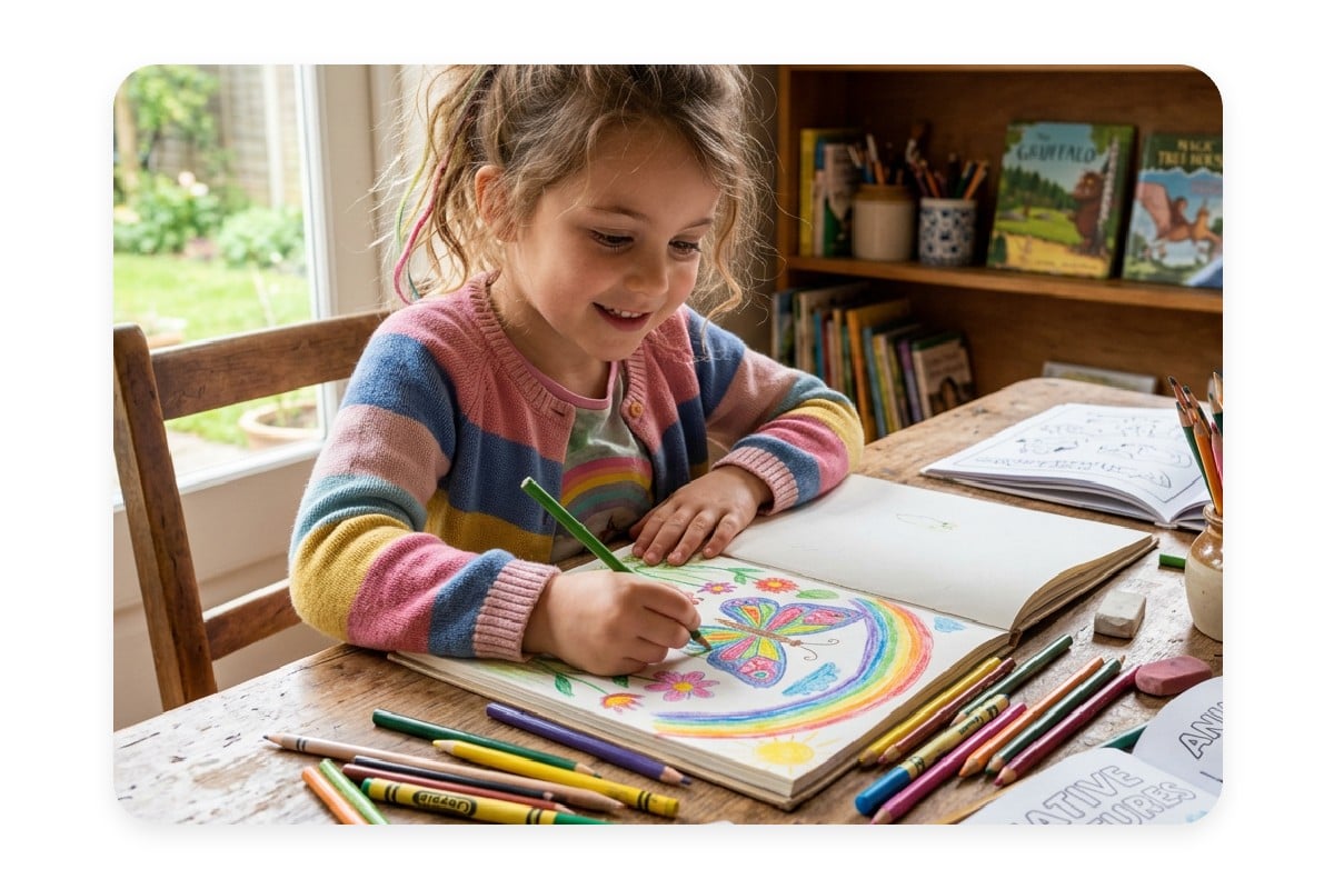 A girl drawing on a coloring book