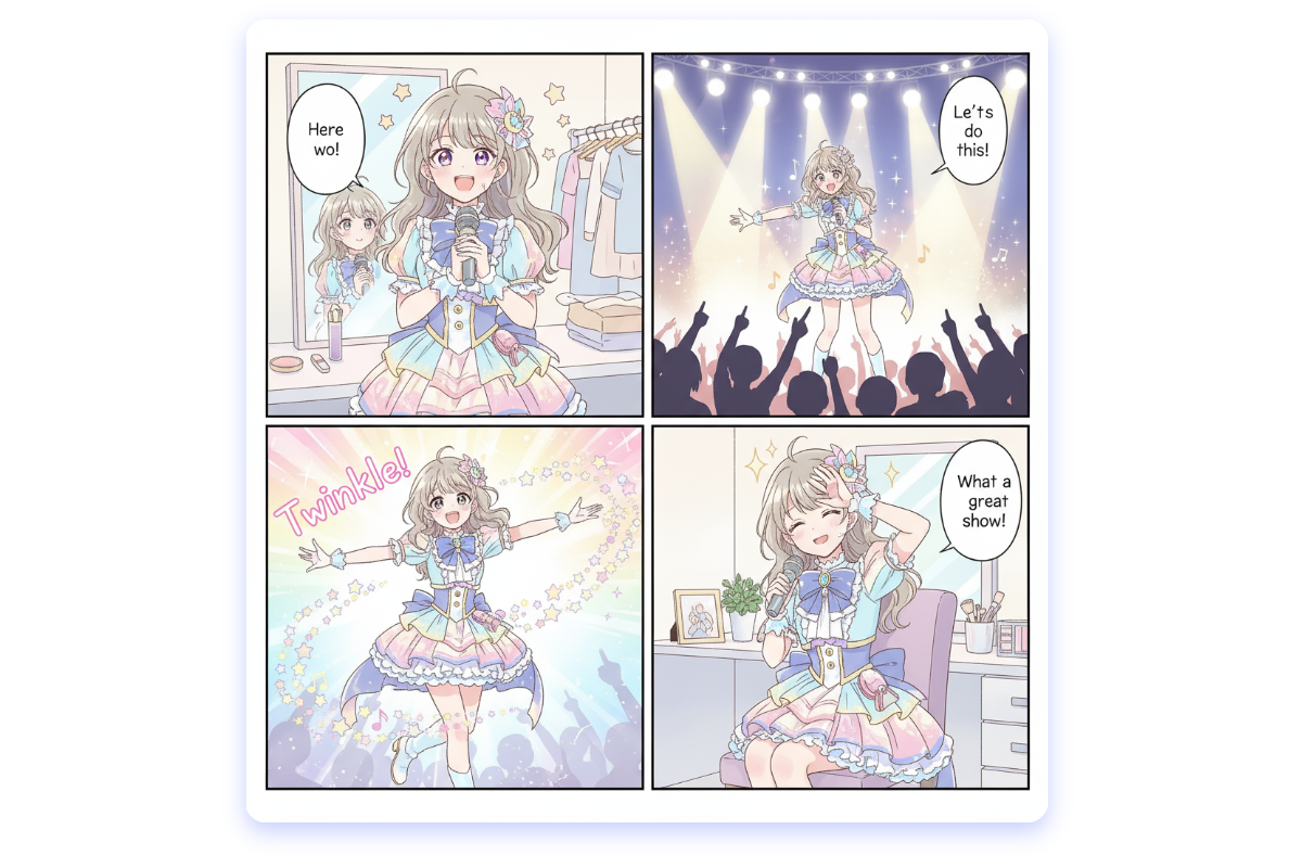 A japanese four panel manga of a idol cute girl putting on a show