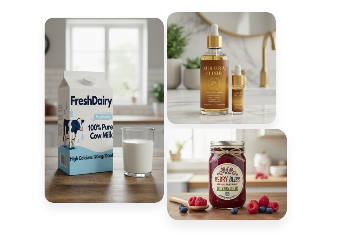 A milk package and an esential oil package and a jam package