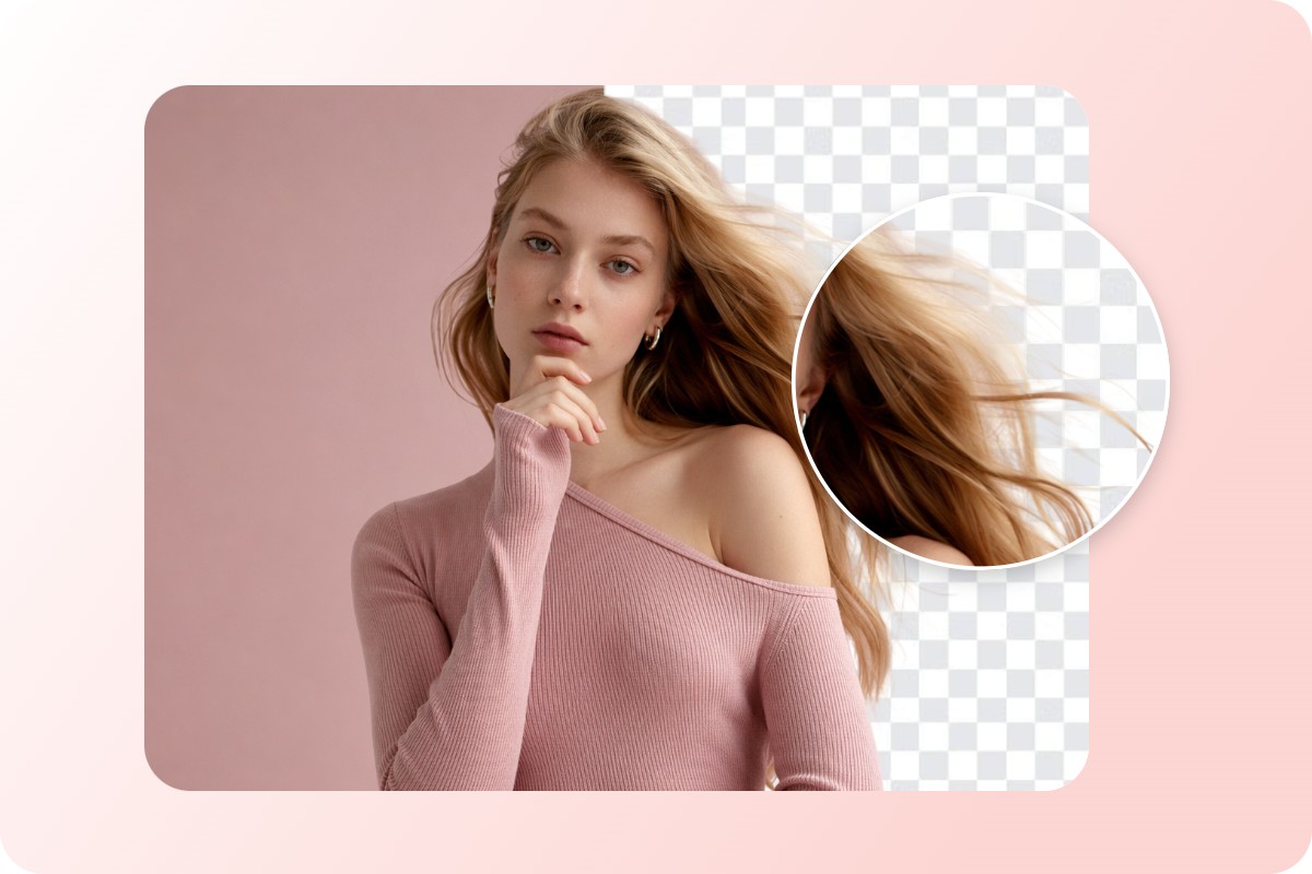 A photo of a girl in pink showing transparent background with hair details
