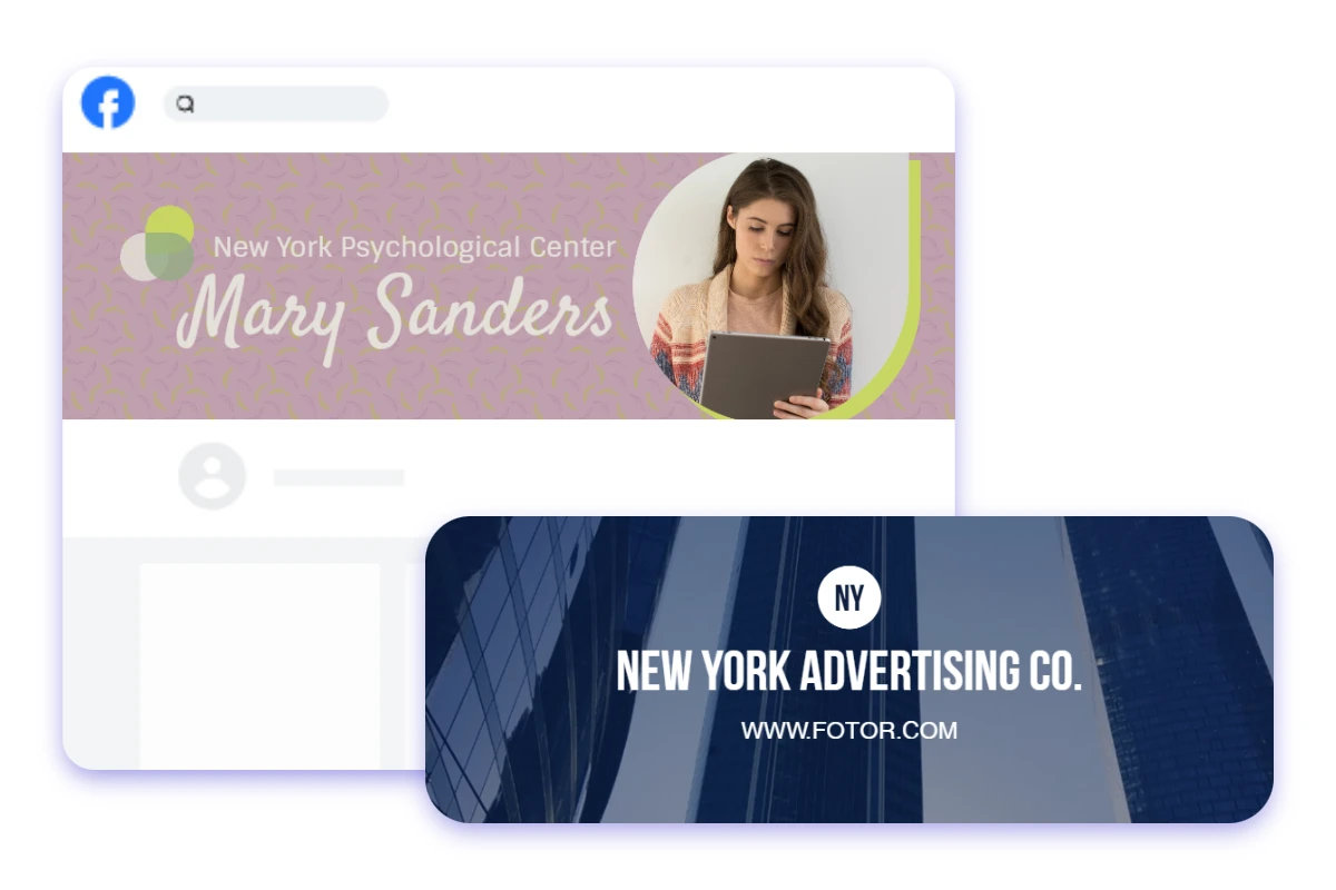 Facebook のカバー写真として使用されているメモを読んでいる女性の写真と、その下に都市の高層ビルが写っている別の写真