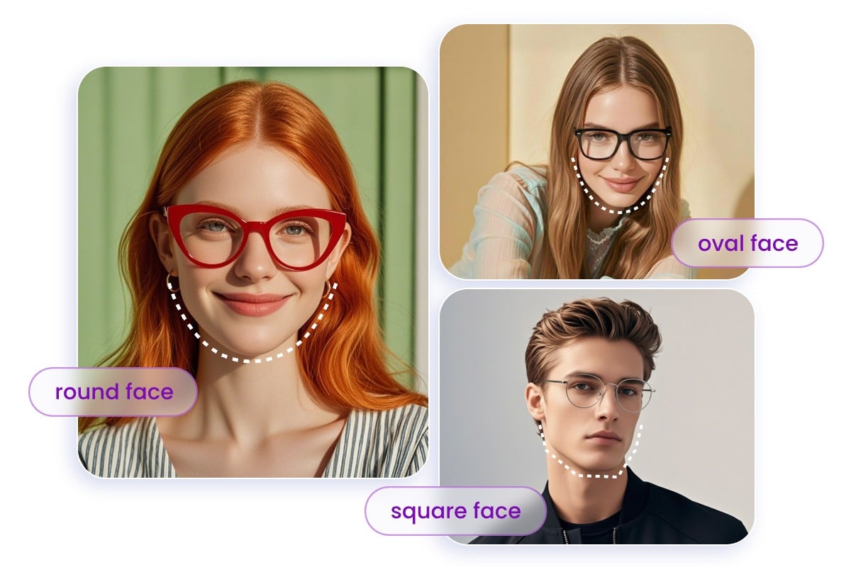 A picture that shows what kinds of glasses frames are suitable for different face shapes