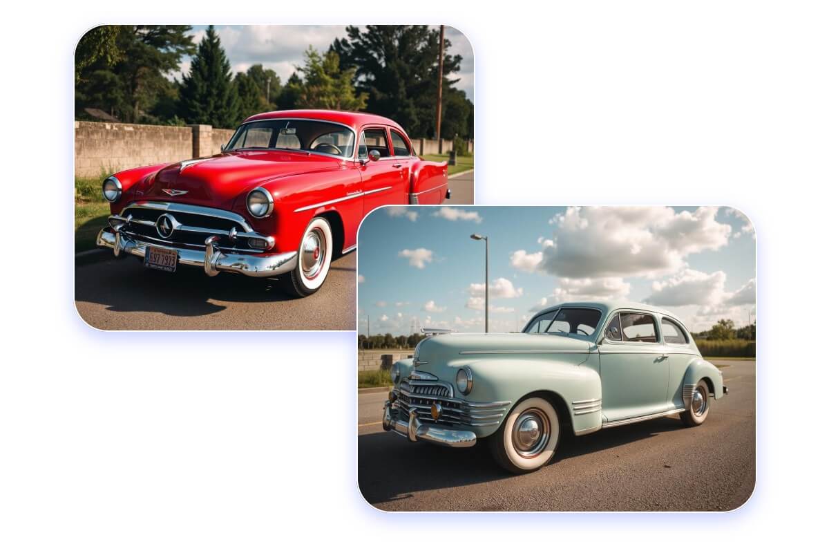 A red and a blue vintage sedan created in fotor