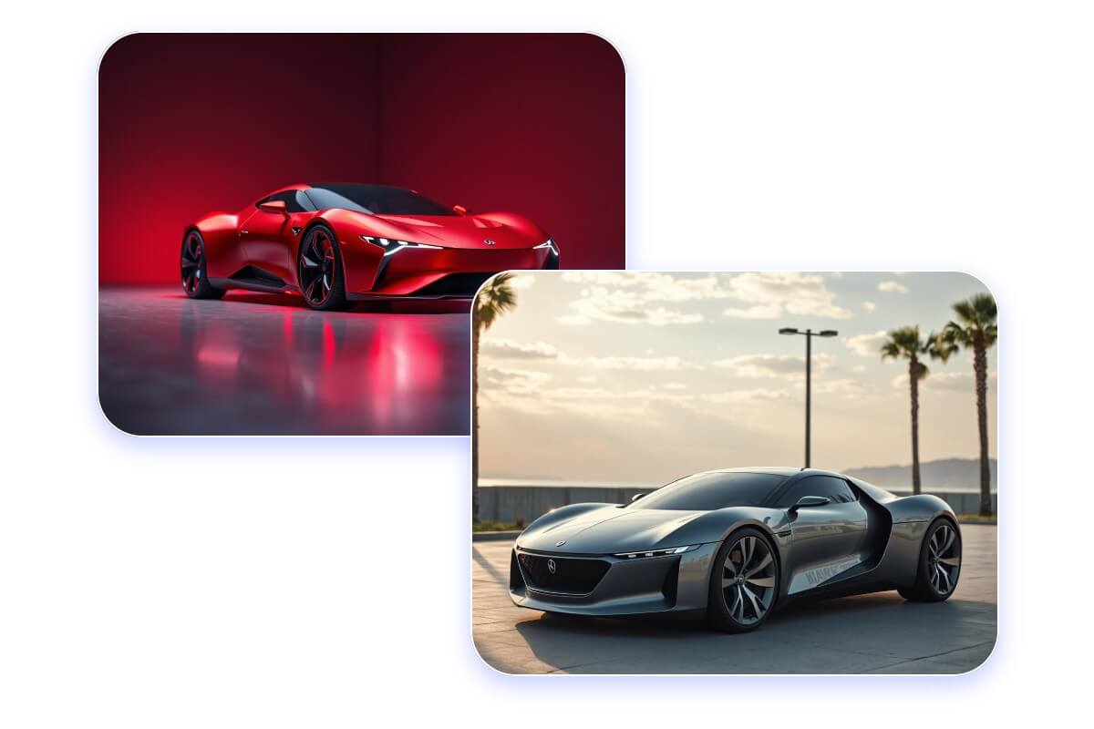 A red and a silver black luxury car designed with ai car generator