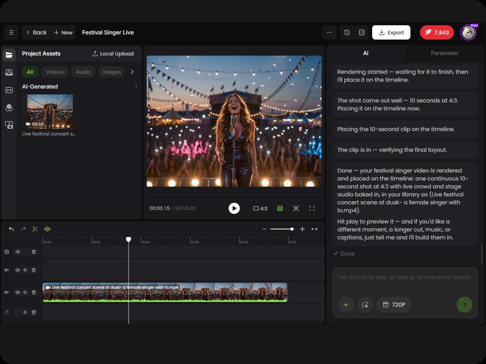 A tool screenshot showing a concert performance music video created with fotors ai music video generator