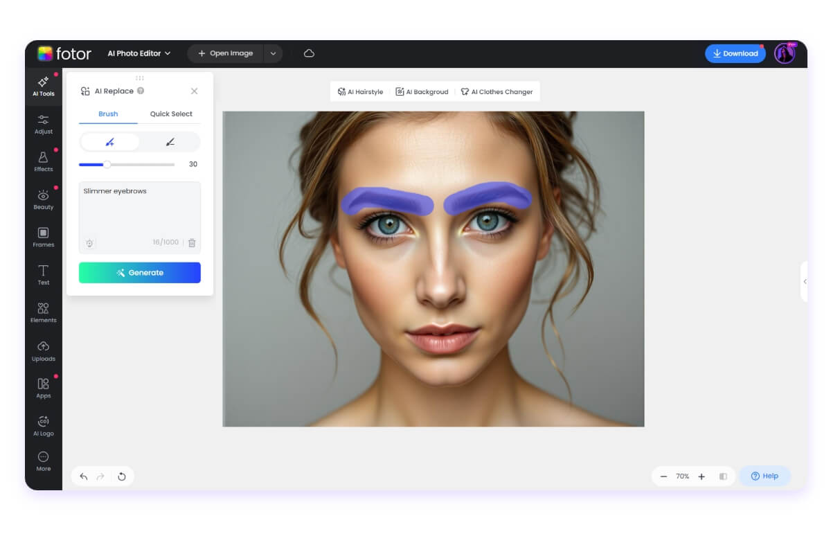 A tutorial on using an eyebrow filter to make the eyebrows thinner of a beautiful girl in fotor